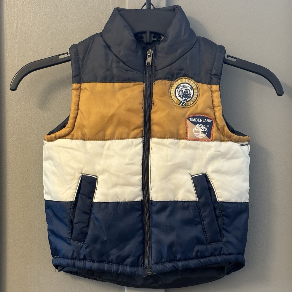 Timberland Kids Colorblock Puffer‎ Vest 24 Months Navy Gold Cream Patch Logos
